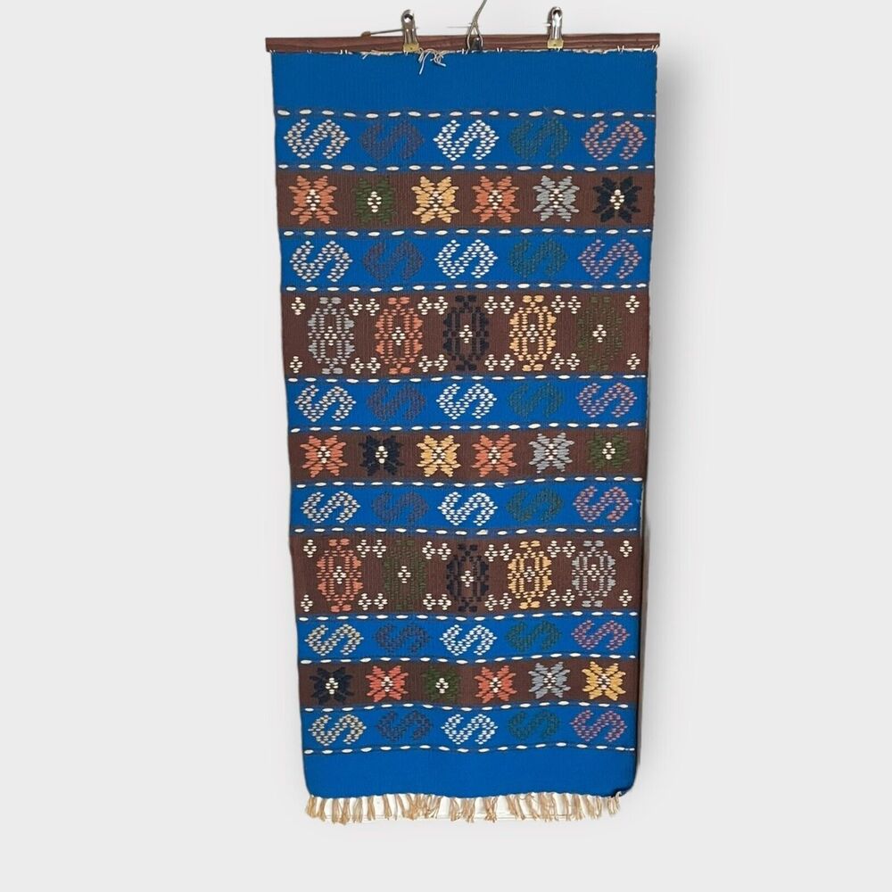 Handwoven Wool Rug Blue Brown Nordic Snowflake 29x48" Rectangular Hanging Boho
